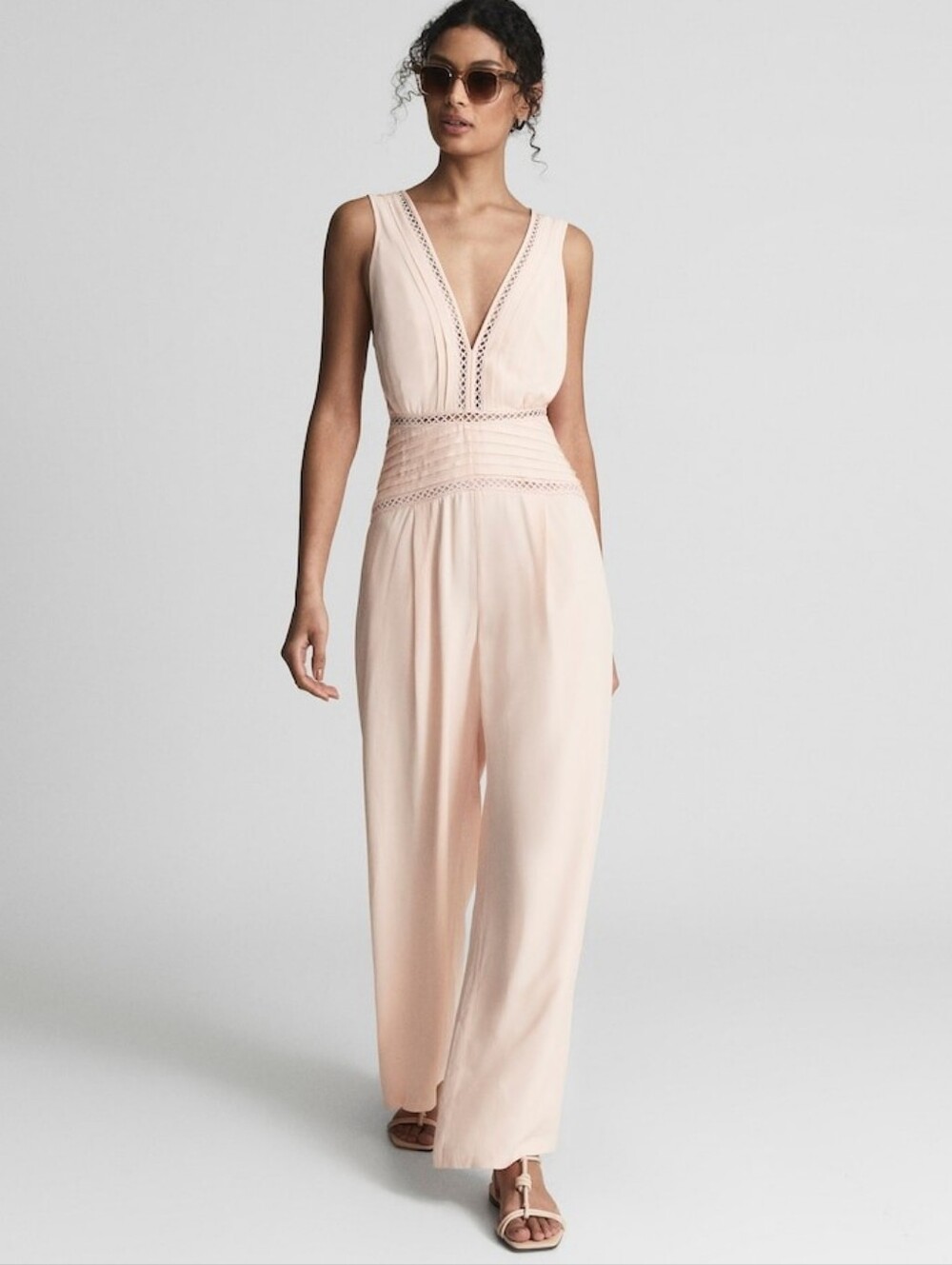 Reiss Pale Blush Pink V-Neck Wide-Leg Jumpsuit